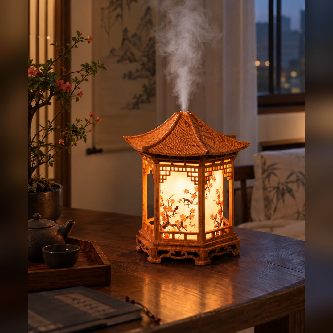 humidificador oriental con luz cálida y vapor