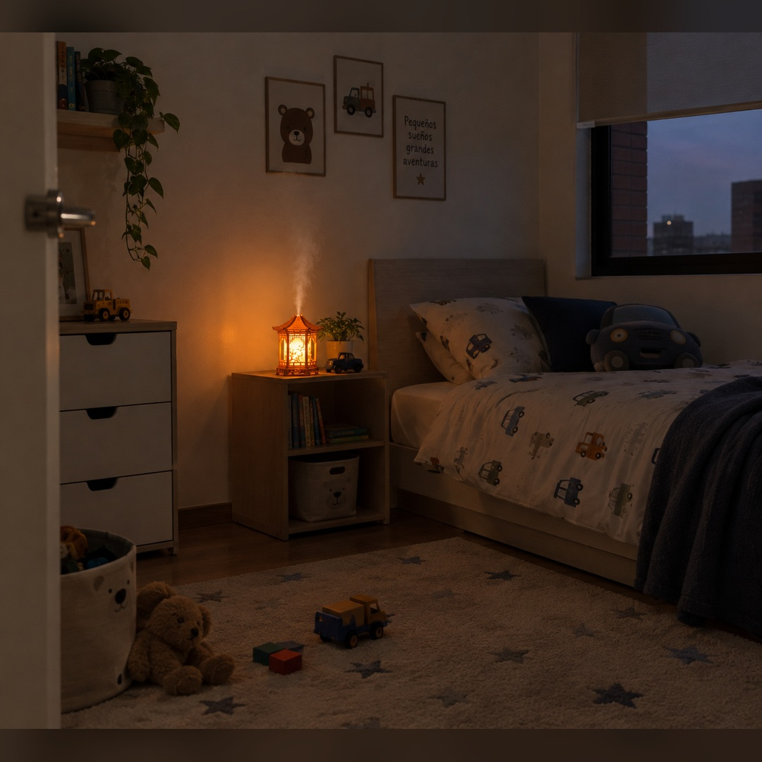 humidificador oriental con luz cálida y vapor