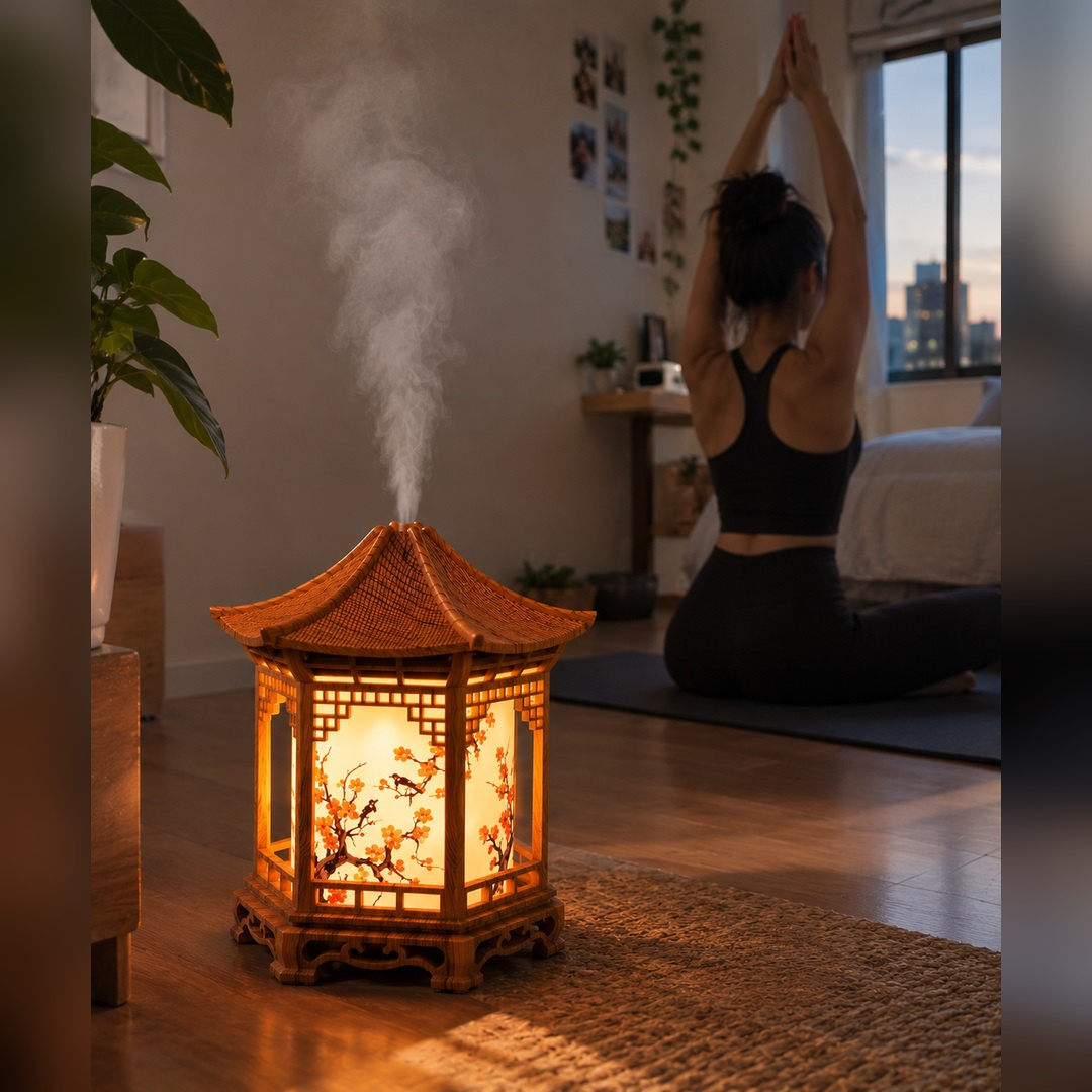 humidificador oriental con luz cálida y vapor