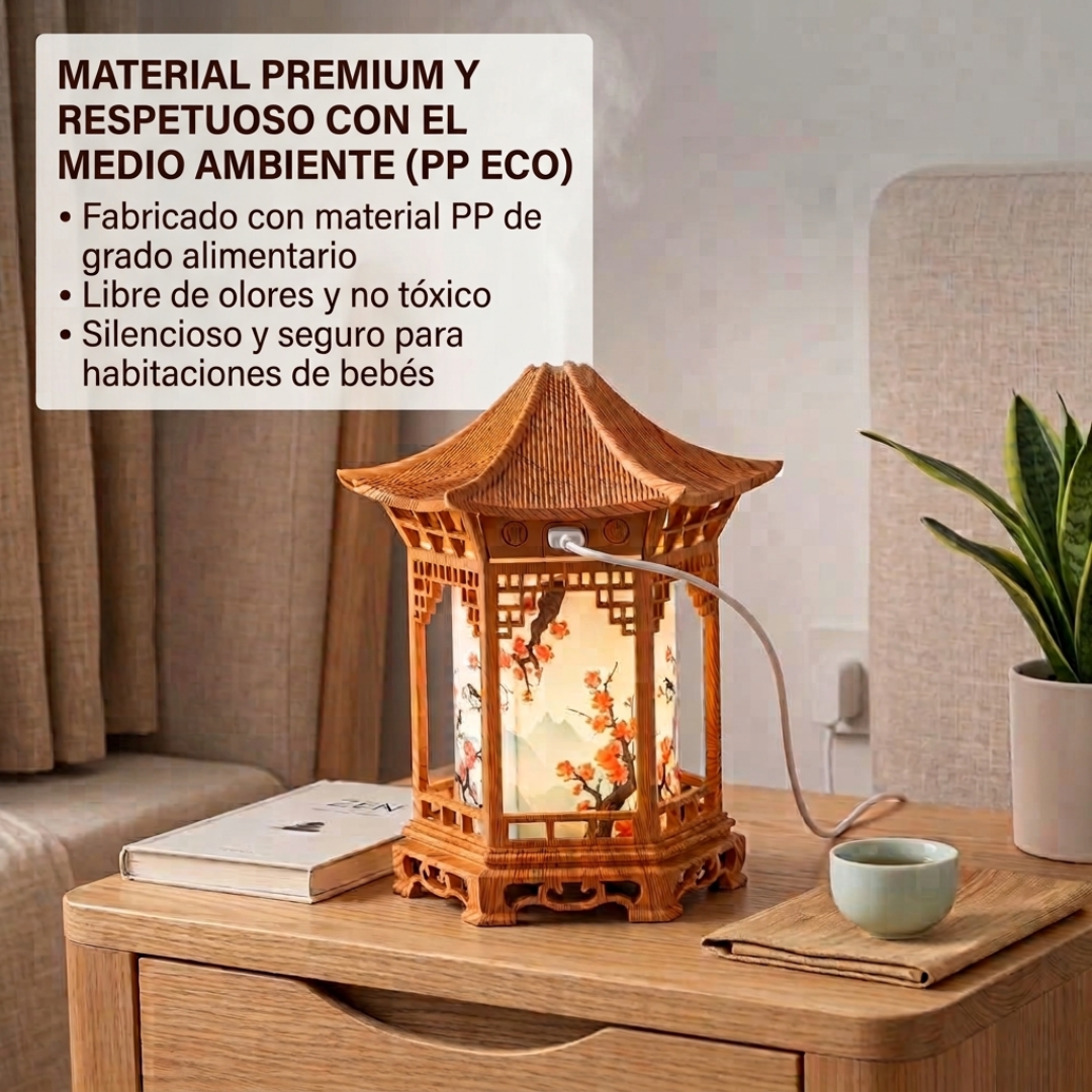 humidificador oriental con luz cálida y vapor