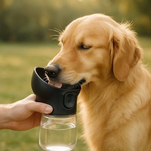 Perro bebiendo agua del cuenco de la botella AquaPet en el parque